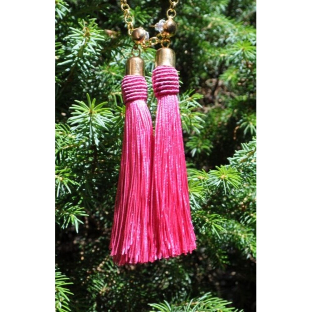 Gold-tone Boho Gypsy earrings with Gold Post Pink Fuchsia Tassel